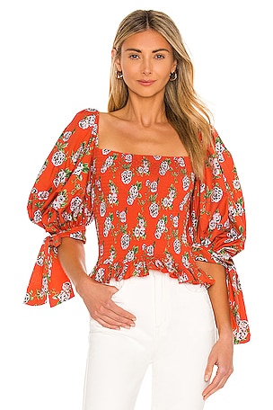 Caroline popular Constas orange pink floral smocked ruffle off the shoulder blouse small