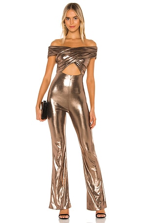 Camila Coelho Lauren Jumpsuit in Bronze Lame REVOLVE