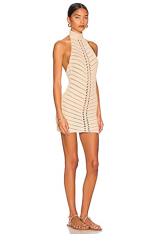 Camila Coelho Lyssa Hand Crochet Halter Mini Dress in Beige