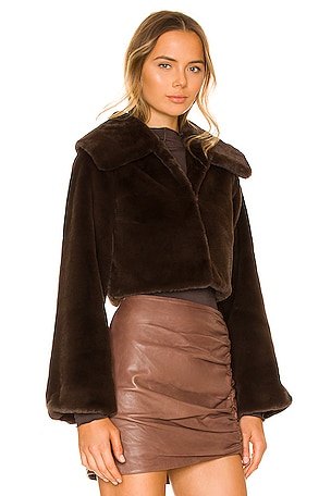 Camila Coelho Cleobella Cropped Faux Fur Jacket in Chocolate