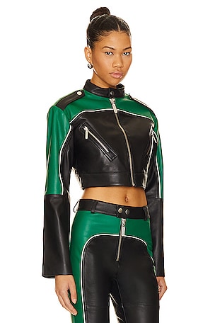 Camila Coelho Cropped Moto Biker Leather Jacket in Green,Black