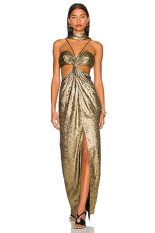 cult gaia mara dress gold 242M3360 V-Neck Bell Sleeve Long Sequin Dress main image 0
