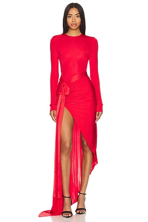 Satin Bow Detail Asymmetric Long DressDavid Koma$1,656
