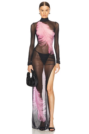 Feather Printed Long Sleeve Mesh Gown David Koma