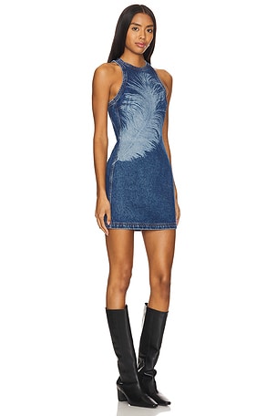 David Koma Feather Print Denim Mini Dress in Blue