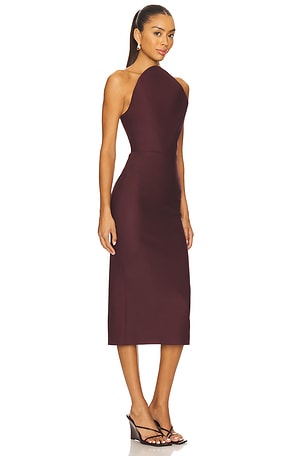 David Koma Asymmetric Cut Strapless Midi Dress in Burgundy