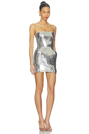 David Koma Sequin Padded Hip Mini Dress in Metallic Silver