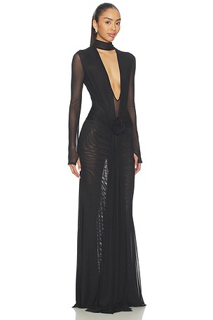 David Koma V-Neck Long Sleeve Mesh Gown in Black