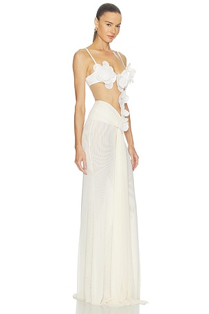 David Koma 3D Flower Embroidered Mesh Gown in Ivory