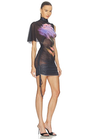 David Koma Asymmetric Sleeve Printed Mesh Mini Dress in Black