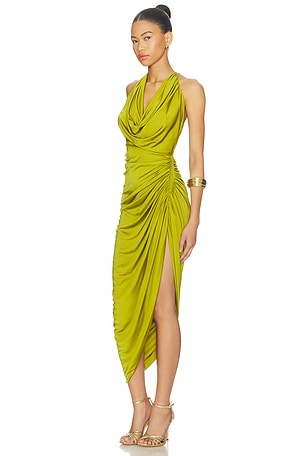 David Koma Plunge Neckline Asymmetric Hem Ruched Dress in Green. Size UK 6. Also