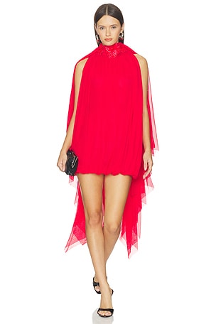 3D Flower Embroidery Neck Detail Draped Mini Dress David Koma