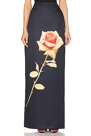 David Koma Rose Flower Print Maxi Skirt in Black