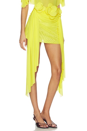 David Koma 3D Lace Flower Embroidery Detail Ruched Mini Skirt in Yellow