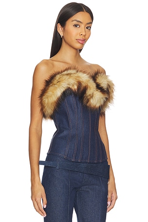 David koma detachable faux fur trim corset top en color azul
