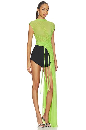 David Koma Asymmetric Cut Ruched Mesh Top in Green