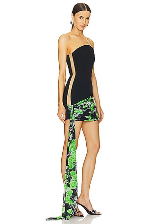 David Koma Rose Printed Strapless Mini Dress in Black