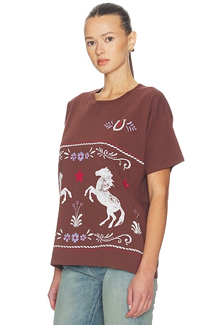 DAYDREAMER Floral Horse Patter Merch Tee in Brown