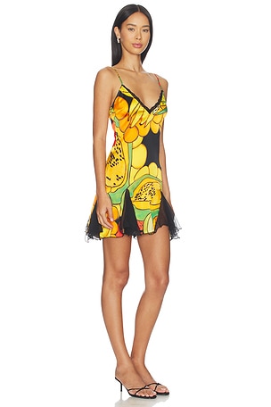 Donde Esteban Frutas Silk Satin Lace Mini Dress in Yellow,Black