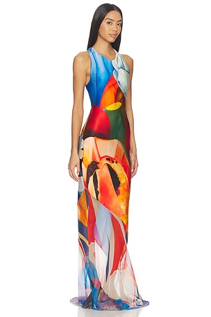 Donde Esteban Salpicon Long Silk Dress in Orange,Blue