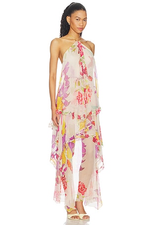 Donde Esteban Flores Silk Chiffon Long Halter Dress in Beige,Blush