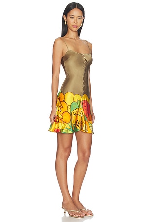 Donde Esteban Frutas Silk Satin Mini Dress in Metallic Gold,Orange