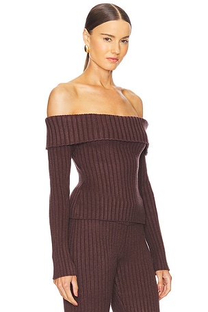 GUIZIO Thalia Rib Off The Shoulder Sweater in Chocolate