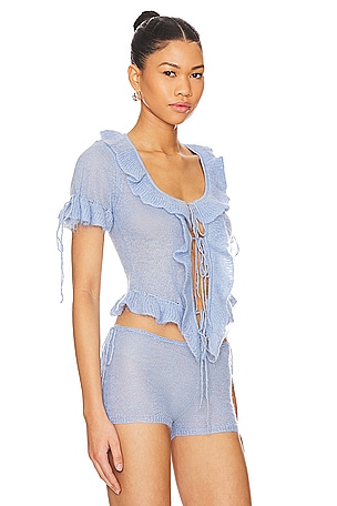 GUIZIO Ruffle Knit Tie Top in Baby Blue