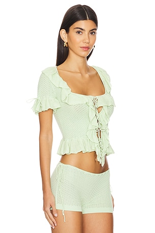 GUIZIO Crochet Ruffle Knit Tie Top in Mint