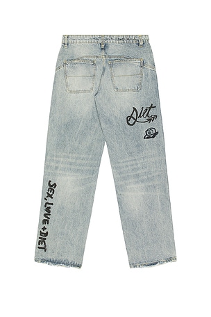 Diet Starts Monday Doodle Distressed Denim Jeans in Blue. Size 36. Also