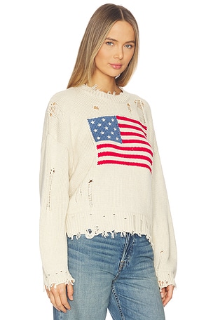 Denimist Oversized Cropped American Flag Sweater in Tan