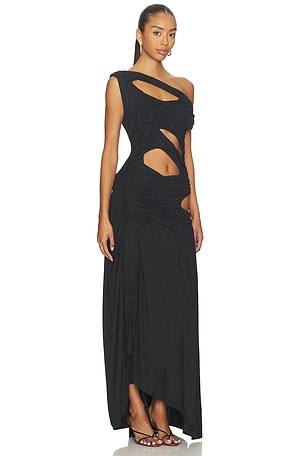 Di Petsa One Shoulder Midnight Dress in Charcoal. Size XS. Also