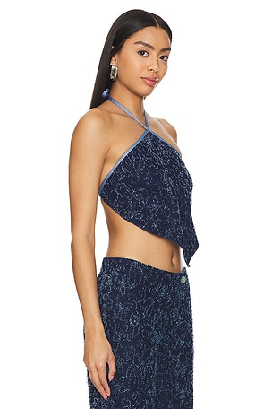 Di Petsa Frayed Denim Halter Top in Blue