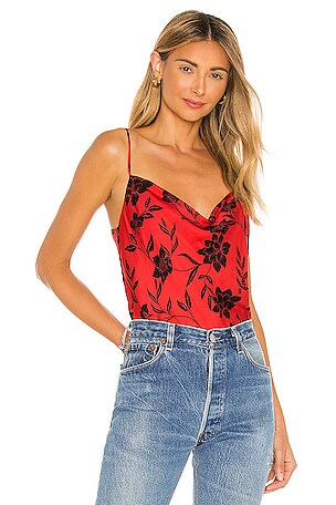David Lerner Adina Cowl Neck Bias Cami in Black & Red Floral | REVOLVE David Lerner Adina Cowl Neck Bias Cami in Black & Red Floral | REVOLVE