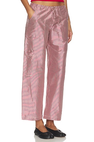 DONNI. The Taffeta Gingham Drawstring Cargo Pant in Red. Size S. Also