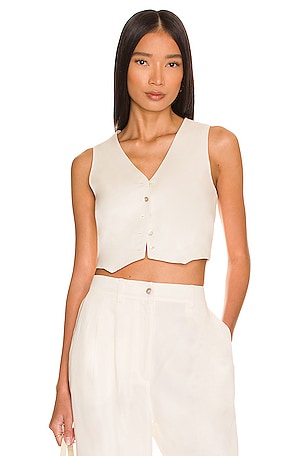 Ivory Linen Top - Cropped Vest Top - Sleeveless Button-Front Top