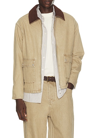 Washed Zipped Denim Jacket in Khaki Drôle De Monsieur