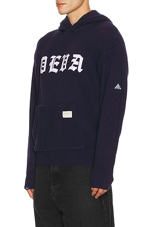 Deva States Blackletter Knitted Hoodie in Blue