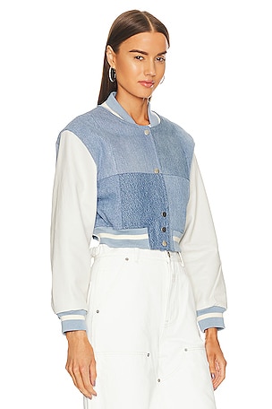 EB Denim Cropped Varsity Jacket in Denim-Light