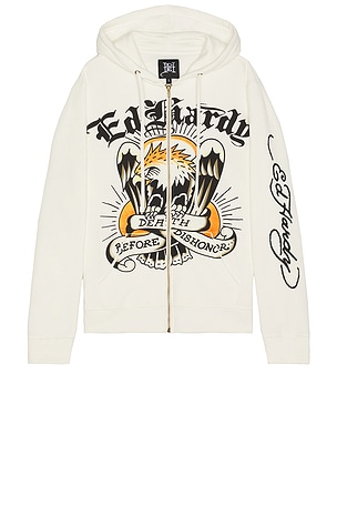 Ed Hardy Eagle Fleece Zip Up Hoodie in Ivory