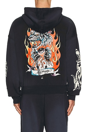 Ed Hardy Tiger Flame Boxy Zip Hoodie in Navy
