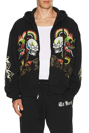 Dragon Skulls Rhinestone Zip Hoodie Ed Hardy