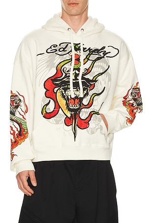 Panther Flame Boxy Rhinestone Fleece Hoodie Ed Hardy