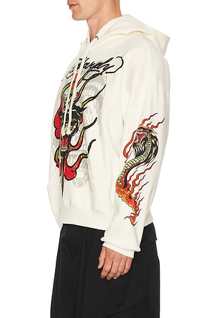 Ed Hardy Panther Flame Boxy Rhinestone Fleece Hoodie in White