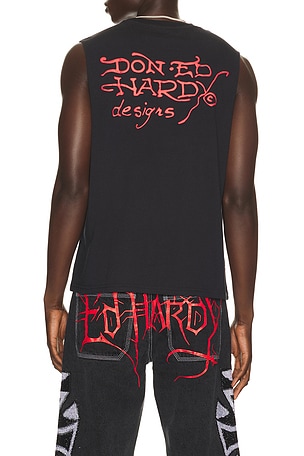 Ed Hardy Panther Rose Cut Off Tee in Black