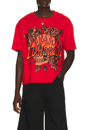 Skull Roses Boxy Cropped Tee Ed Hardy