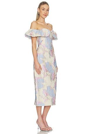 ELLIATT Marlene Strapless Midi Dress in Metallic Gold,Baby Blue