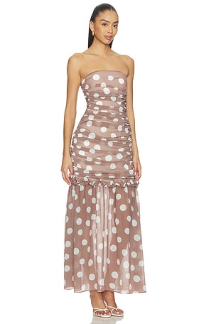 ELLIATT Sola Polkadot Strapless Gown in Brown. Size L. Also