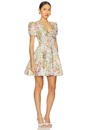 ELLIATT Calaantha Puff Sleeve Mini Dress in White,Green