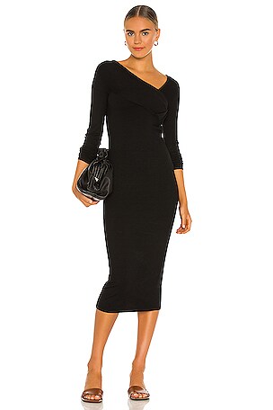 Enza Costa Viscose Rib Asymmetrical Wrap Midi Dress in Black | REVOLVE
